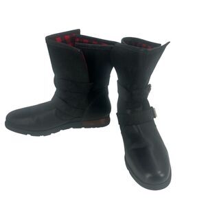 Sorel Major Moto Black Leather Women Sz 11 Waterproof Red Plaid Fold-Over Boots